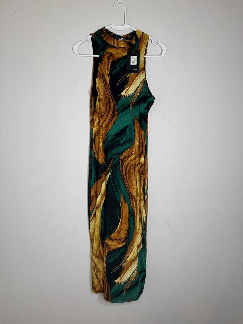 Fashion Nova Green and Mustard Brushstroke Maxi Dress